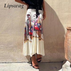 Skirts 2024 Classical Art Painting Long Skirt Elastic High Waist For Women Vintage Print Temperament Beach Ladies A-line