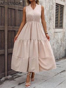 Casual Dresses 2024 Summer Solid Vintage A Line Flare Women's Dress Elegant Sleevless V Neck Bekväm lös MIDI lång