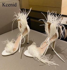 Kcenid New Sexy White Black Feather Sandals For Women Thin High Heels Lace Up Dance Shoes ladies Sandals Party Pumps Size 35428491118