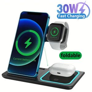 Chargers 30W 3 in 1 Foldable LED Fast Wireless Charger Stand For iPhone 15 14 13 12 Apple Watch Airpods Pro iWatch 8 7 Charging Station