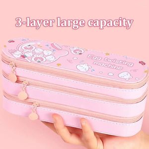 Caso de lápis de três camadas de grande capacidade Kawaii Stationery Bag PU Couather Pen Box Girls Organizer School Pens Bolsa