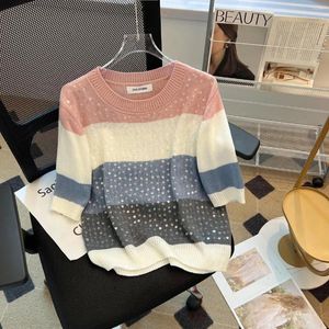 Kvinnors tröjor 2024 Summer Hollow Out Patchwork T Shirt Women Korean Style Kort ärm stickad t-shirt kvinna alla matchar rund hals tee