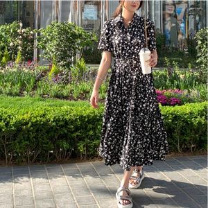 Casual Dresses Korean Style Plus Size Women's Clothing Work Polo Collar Single Breasted Floral Slim Monterad Pleated Short Sleeve Mid Length