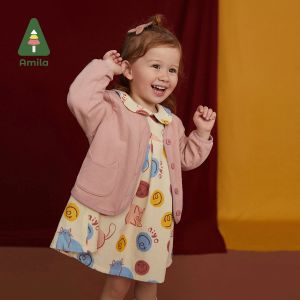 Zestawy Amila Sukienka dla dzieci 2022 Autumn Nowe długie rękawy Petal Flar Dress+Sweter Cardigan Girls Flower Ubrania dziecięce