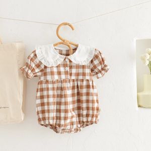 One-Pieces Summer Bodysuit Baby Girl Plaid Clothes Newborn Cotton Jumpsuit Short Sleeve Peter Pan Collar Baby Romper Infant Toddler Clothes