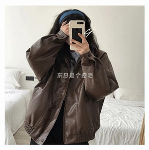 Couro feminino Spring Autumn Oversize Retro Black Brown Jacket Mulheres com zíper comprido de manga longa