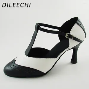 Dansskor Dileechi Brand White Real Leather T-Strap Latin Modern Women's High Heels 7,5 cm Höst- och vinter Black Party