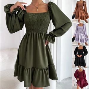 Casual Dresses Women Solid Color Dress Square Neck kjol Puff Sleeve Fold Design Street Elegant Ruffled Hem