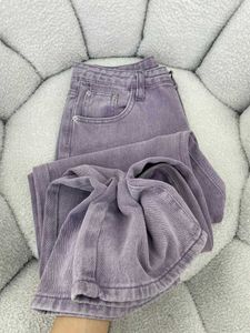 الجينز النسائي S-5XL Womens Purple Burple Straight Denim Pants/Summer High Weist Lourd Wide Leg Mens Gens Gare Geans Y240422