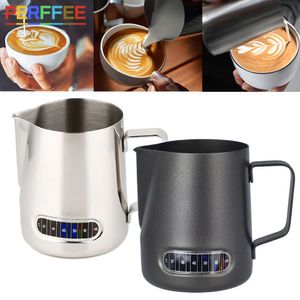350/600 ml Edelstahl Milchstärker Krug mit Thermometer -Indikator Milchkrug Barista Kaffee Latte Art Cup Milk Jug 240410