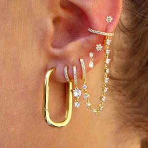 Earrings New Design Stainless Steel Cubic Zirconia Chain Hoop Earring For Women Square Water Drop Punk Cartilage Earring Piercing Jewelry