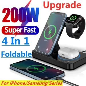 Chargers 200w 4 в 1 Беспроводное зарядное устройство подставка для iPhone 14 13 X Samsung Apple Watch Airpods Iwatch Складная Qi Fast Charging Station