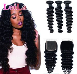 Cabelo de Leila Onda profunda solta 3 pacotes com pêlos brasileiros de cabelos humanos com fechamento 44 Remy Hair Extension2559670