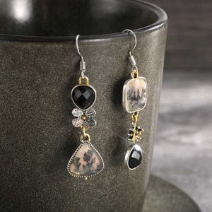 Charm Vintage Asymmetrical Drop Earrings for Women Indian Tribal Jewelry Tree Flower Metal Black Stone Statement Ethnic Dangle Earring Y240423