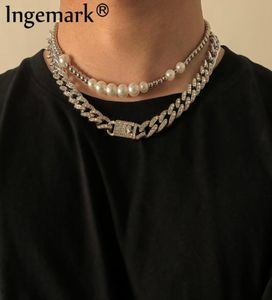 2PcsSet Luxury Iced Out Rhinestone Chain Fashion Punk Simulated Pearls Choker Necklace Women Man Miami Cuban Collier Bijoux Penda2572927