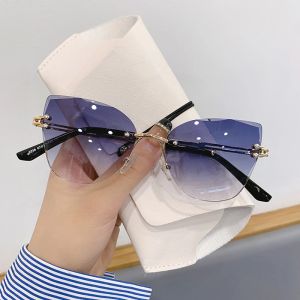 Solglasögon kattögon solglasögon kvinnor 2023 Rimless Luxury Fashion Glasses Blue Shades Lunette de Soleil Femme Gafas de Sol Mujer Lentes