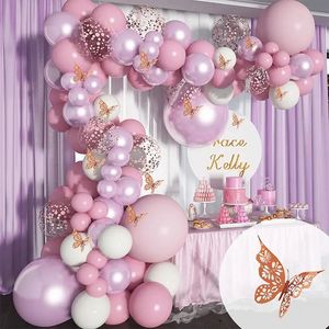 Macaron Balon Garland Arch Zestaw Rose Gold Butterfly Metalowe różowe fioletowe balony na urodziny