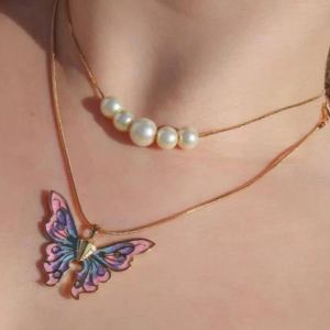 Necklaces Fashion Women Butterfly Necklaces Thai Pop Butterfly Pearl Necklace Double Choker Chains Jewelry