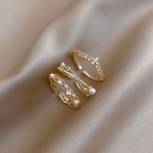Band Trendy Pearl Zircon Gold Color Opening Rings for Women Girls Jewely Simple Cross Crown Justerbar Finger Ring Accessories Party Party