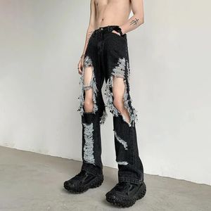 Y2K Unisex Perforated Jeans Mens Summer Korean Slim Design Straight Wide Leg Denim Pants LGBT Man Sexy Ripped Fringed Jeans 240410