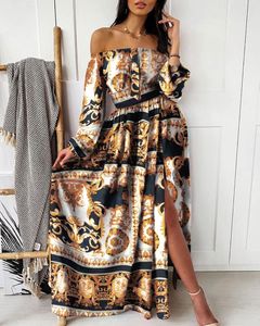 dresses for woman party designer dress women Summer evening dress printed dress one-shoulder pullover retro long-sleeved wide slit long evening dresses elegant