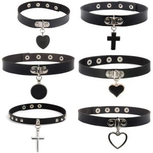 Nuova collana di girocollo in pelle nera punk gotico black black per donna con croce rotonda collana collana da roccia