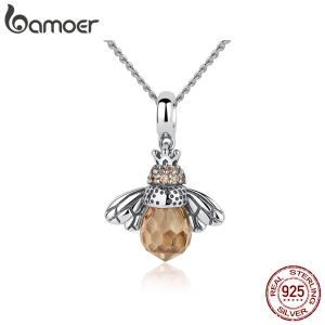 Necklaces BAMOER 925 Sterling Silver Lovely Orange Bee Insect Pendant Necklace for Women 14K Gold Plated Jewelry Birthday Gift 2 Colors