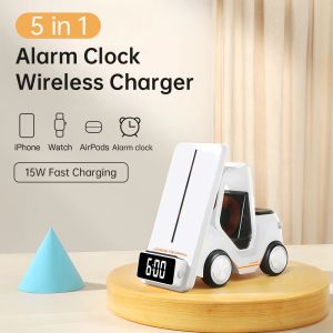 Chargers Alarm Clock Fast Charging RGB Wireless Charger for iPhone 15 13 Dock Station for Apple Watch S9 AirPods Pro LED Digital Holder
