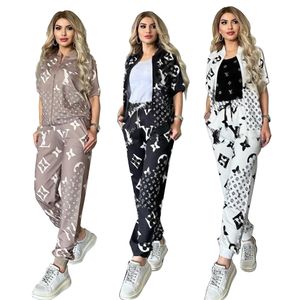 2024 Summer Designer Simple Women's Sportswear Zipper Short Sleeves and Long Pants Jogging Suit Printed Tops Free Ship