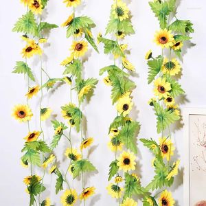 Decorative Flowers 2.3M Artificial Sunflowers Cane Rattan Fake Vines Wedding Floral Arch Decor Silk Hanging Home Party Fence