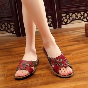 Slippers Leather Cork Women Non-slip Flat Beach Flipflop Mixed Color Stitching Wedges Heel Slid