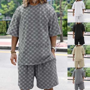 Herrspårar Streetwear Oversize Trendy Men's Jacquard Checkerboard Spring/Summer Loose Sports Casual Two Piece Set for Men Fashion Set