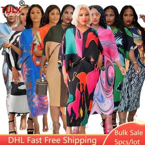 Party Dresses 5Pcs Wholesale Batwing Sleeves Maxi Pleated Printing V-Neck Long Dress Elegantes Vestidos Birthday Outfits 9809