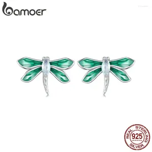 Brincos de garanhão Bamoer 925 Sterling Silver Silver Green Dragonfly White Gold Plated Gold Bated Inet for Women Party Fine Jewelry Gift
