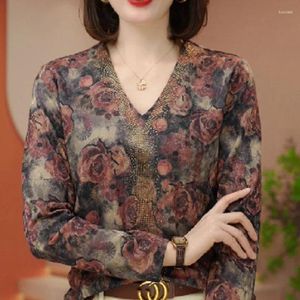 Magliette da donna 2024 Summer Elegant Fashion Retro Casual Office Lady Shirt Shirts For Women Stampa in chiffon V Neck Long Sleeve Chic Y2K