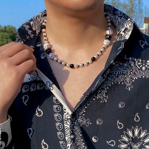 Necklaces Punk Lucky Dice White/Black Beads Choker Necklace Men Trendy Short Imitation Pearl Beaded Chain Neck 2023 Fashion Jewelry Collar