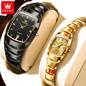 Olevs 7006 زوجين مشاهدة للرجال والنساء Tungsten Steel Strap Date Clock He و Her Watch Sets for Gifts Lover Watch 240419