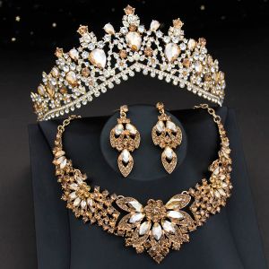 Ожерелья элегантные шампанские хрустальные свадебные ювелирные наборы и свадебная корона Тиары, колье невесты, серьга для ювелирных украшений дубай
