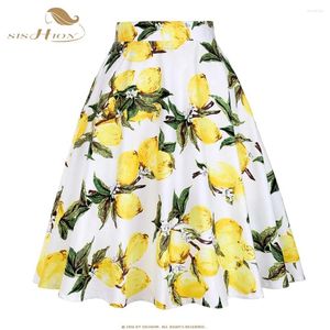 Kjolar sishion 2024 frukt tryck citron kjol vit och gul bomull sommar knä längd swing 50s vintage bottnar veckade