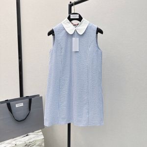 Women's dress cotton light blue laple neck sleeveless stripe printed shirt mini dress