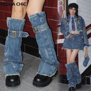 Reddacic Acubi Moda Toka Kemeri Kadın Bacak Isıtıcıları Grunge Y2K Diz-Yüksek Çorap Uzun Denim Botları Kapak Yatık Uzun Gril 240422