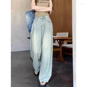 Kvinnors jeans American Light Color 2024 Summer Women Fashion Street Casual Pleated Loose Wide Leg Drape Straight Mop Pants