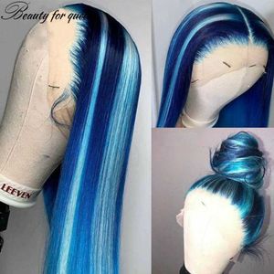 Lång mjuk blå spets främre mänskliga hår peruker för kvinnor rak HD transparent frontal peruksyntetik