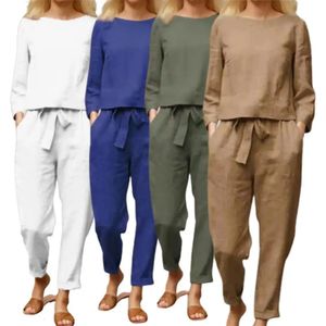Summer Linen Linen Womens Suit Suit Tops Once Trops Shed Pants Set Female Casual Elegant Ladies 2 pezzi Pendant 240420