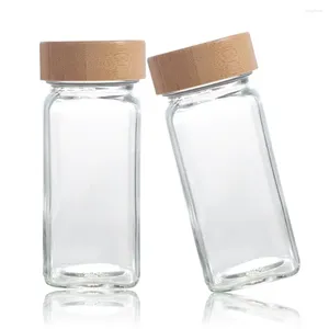 Storage Bottles Glass Spice Jars Airtight Perforated Square Seasoning Jar Transparent With Bamboo Wood Lid Bottle Cabinet