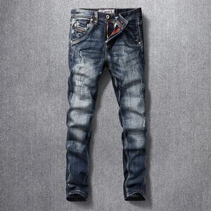Итальянский стиль моды мужски джинсы высококачественные ретро черно -голубые эластичные смены.