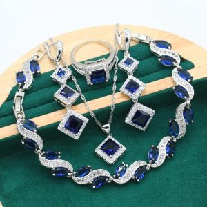 Strands Classic Blue Topaz Noiva 925 Jóias de prata Conjunto para Women Wedding Brincho de Brincos longos Colar de colar de anel Caixa de presente