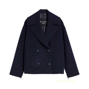 Women's Coat Cashmere Coat Luxury Coat MAX Maras Womens Navy Blue Classic Loose Double Breasted Short Coat