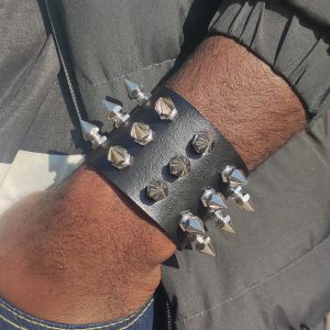 Strands Three Row Cuspidal Spikes Rivet Stud Wide Cuff PU Leather Punk Gothic Rock Unisex Bracelet Men Jewelry Leather Bracelet