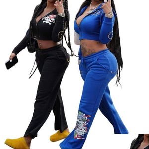 Women'S Tracksuits Fashion Streetwear Women Printing Zipper Long Sleeve Crop Top And Jogger Pants Two Piece Sets Casual Sporty 2Pcs Dhubw